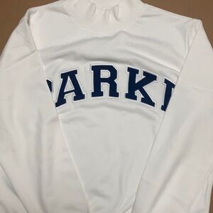 Minimalist white Mock Neck sweatshirt with Navy Logo accent size L / XL